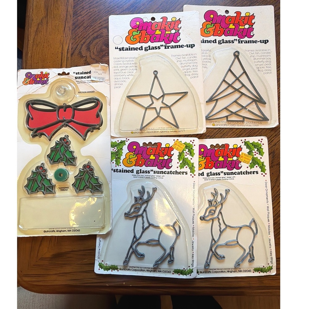 Vintage Makit & Bakit Stained Glass Suncatcher Kit Lot Reindeer Tree Star Bow
